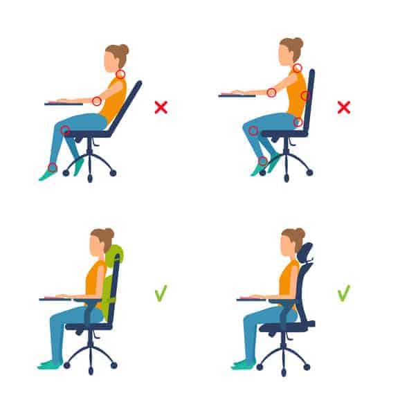 Correct, incorrect position sitting at the table. Marks of pain in joints, muscles. Ergonomic orthopedic pillow under lower back and neck.