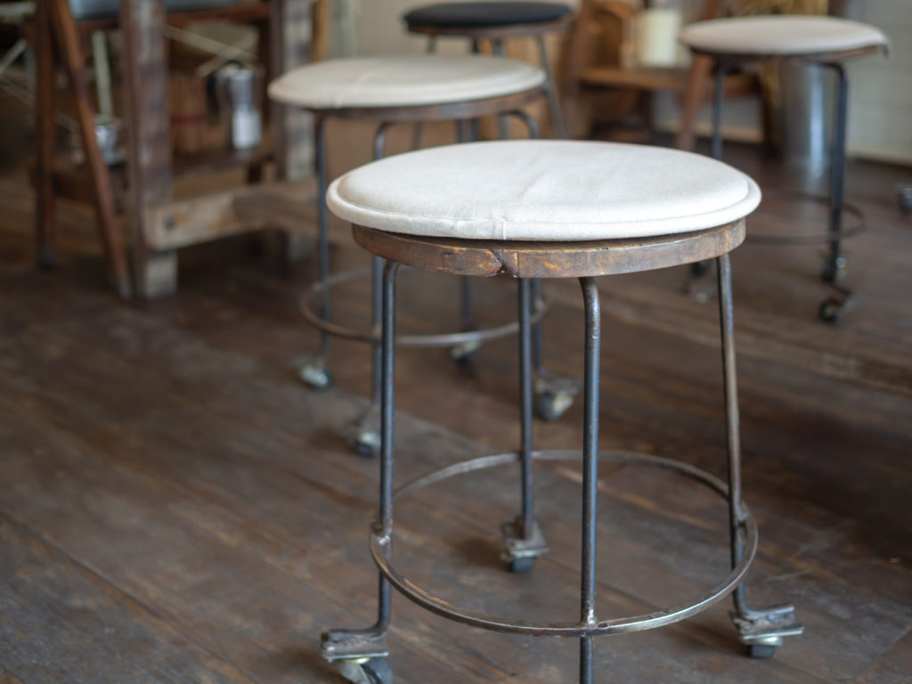 Old wooden bar stools on wooden floor in cafe retro style