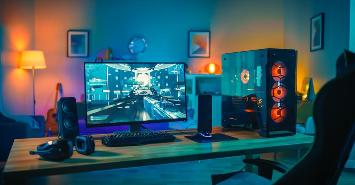 gaming PC setup in dark room